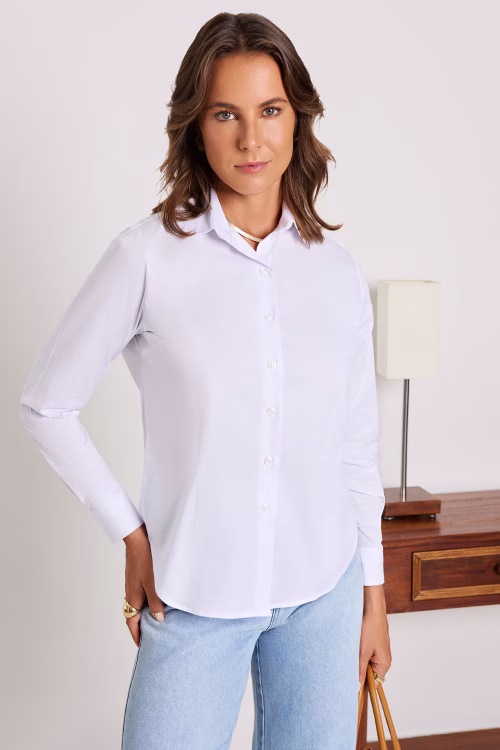 Camisa Feminina Slim Manga Longa de Algodão Branca